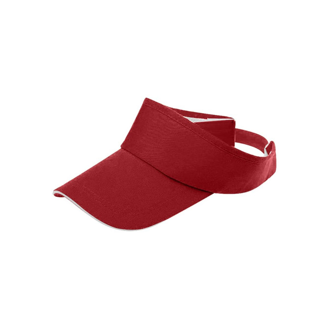 A red sun visor with a wide brim and adjustable strap, featuring a logo on the front.