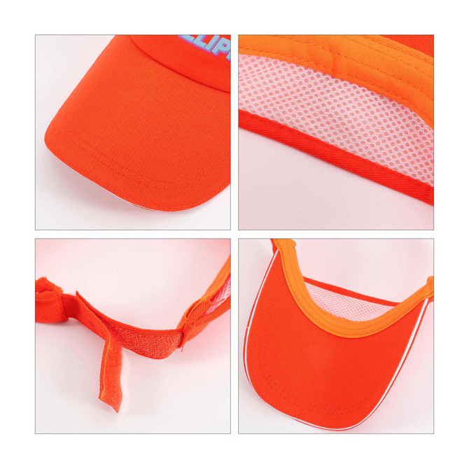 An orange sandwich sun visor featuring a mesh lining and a Velcro strap for adjustment. It includes a logo.