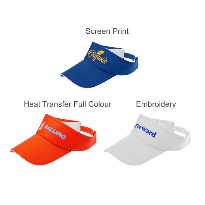 A collection of three visors in blue, orange, and white, featuring various branding and styles.