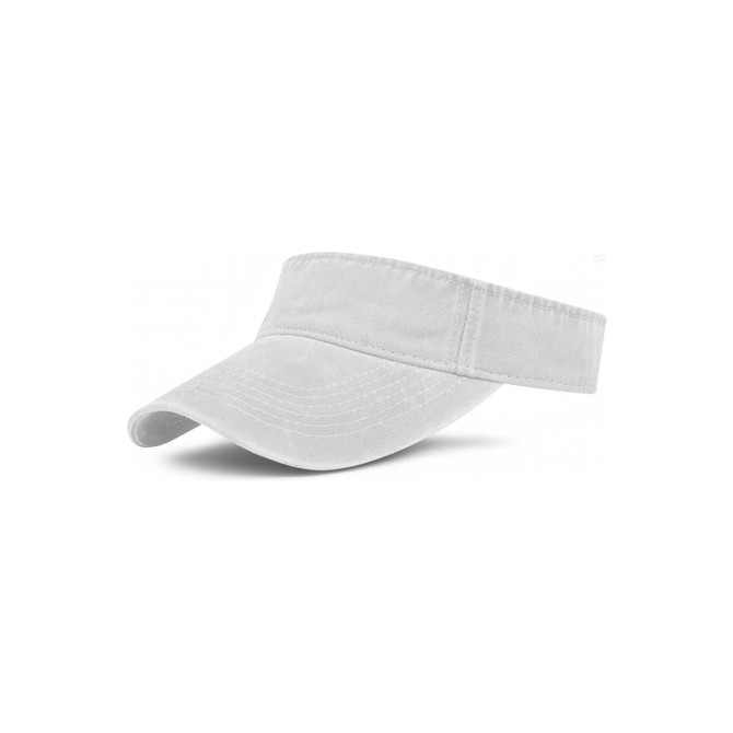 A white sun visor with a wide brim and an adjustable strap at the back, featuring a logo.
