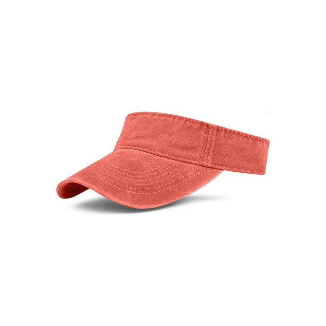 A washed sun visor in a coral hue with a wide brim and an adjustable strap. Features a logo.