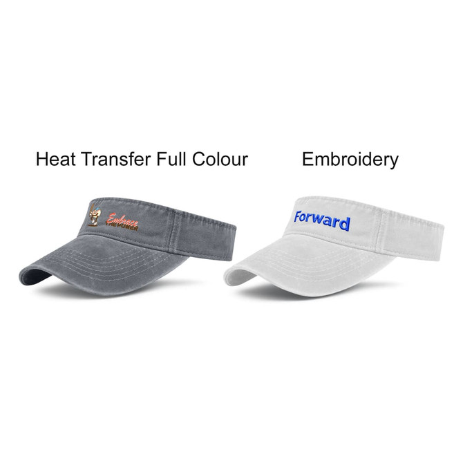 A washed sun visor in grey with heat transfer design and a white visor featuring embroidery. Both visors have logos.