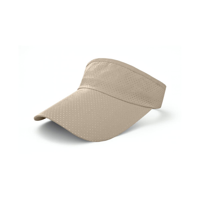 A beige breathable sun visor featuring a perforated design and a wide brim. It has a logo on one side.