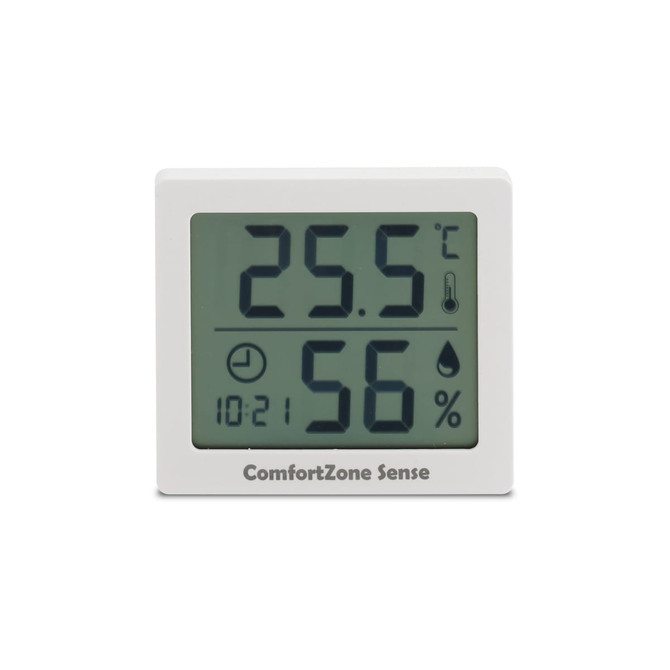 A white digital temperature and humidity thermometer displaying 25.5°C and 56% humidity, with a clock feature.