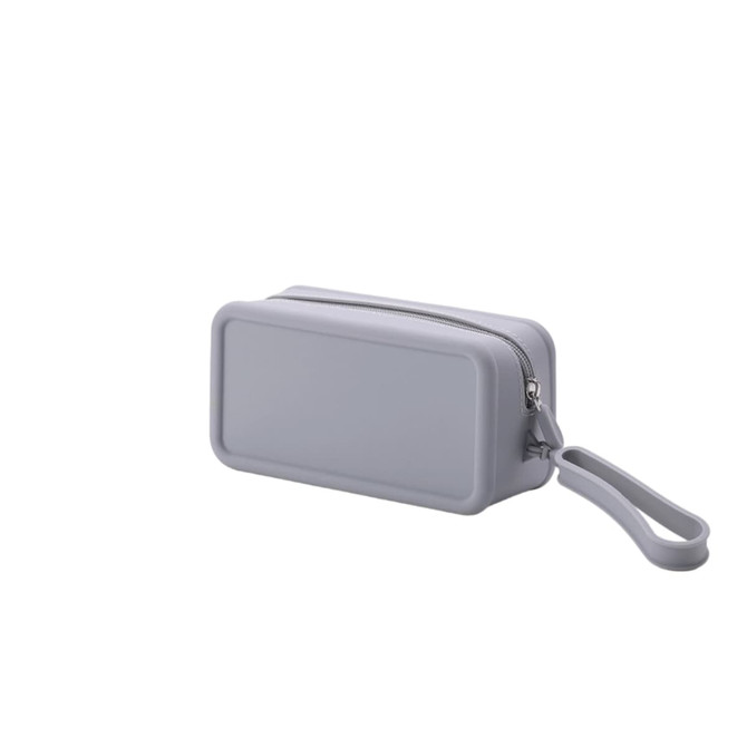 A grey silicone square cosmetic bag with a zip closure and a wrist strap. It features a simple, sleek design.