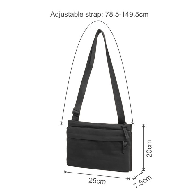 A black lightweight crossbody bag with an adjustable strap and multiple compartments. Includes a logo.