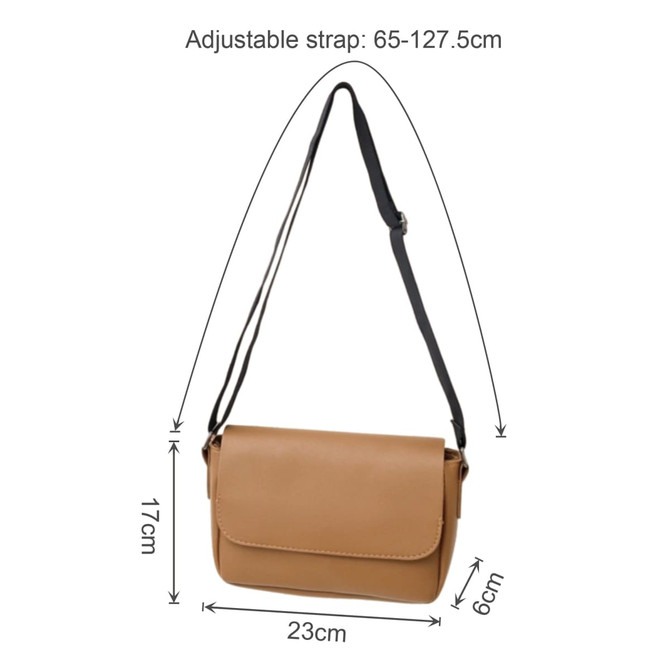 A tan polyurethane shoulder bag with an adjustable strap, featuring specified dimensions of 23cm x 6cm x 17cm.