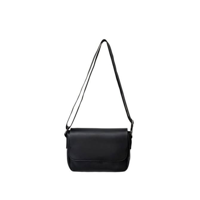A black polyurethane shoulder bag with a long strap and a flap closure, featuring a logo on the front.