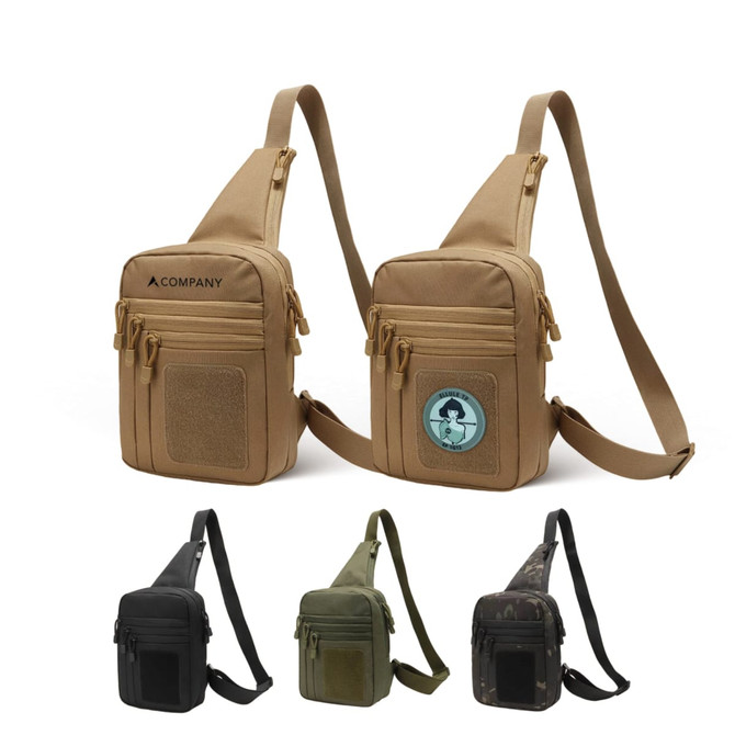 Tactical sling bags in tan, black, green, and camouflage, featuring multiple zippered pockets and a logo.