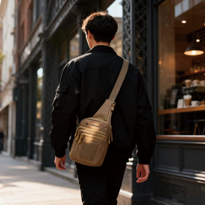 A tactical sling bag in tan is worn crossbody by a person in a black outfit, walking past a café.