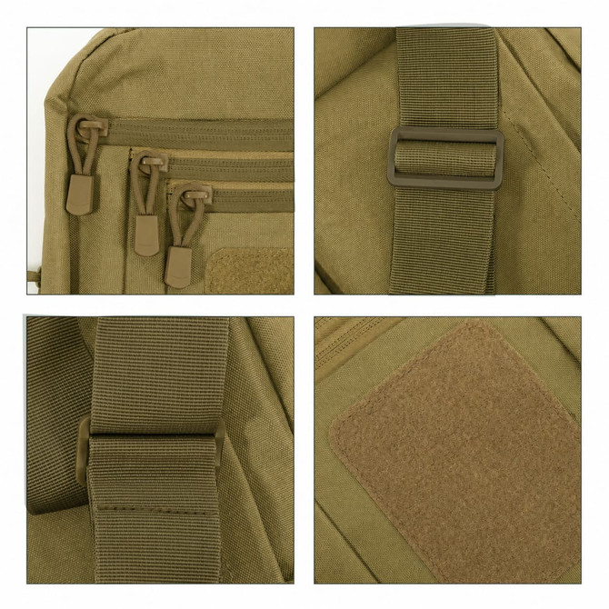 A tactical sling bag in olive green, featuring various zippers, buckles, and a patch area for customization.