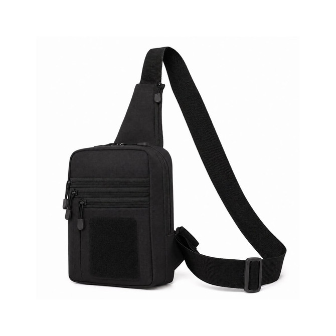 A black tactical sling bag with multiple zippered compartments and an adjustable strap. Features a patch area.