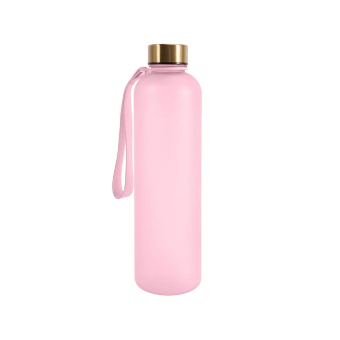 A drink bottle in pink with a gold lid and a carrying strap. It features a logo on the front.