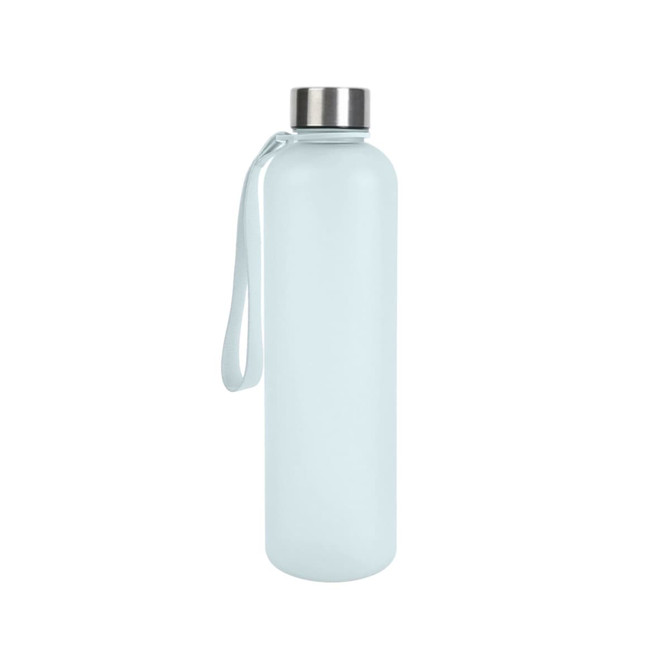 A drink bottle in light blue with a stainless steel lid and a carrying strap. It has a logo on it.