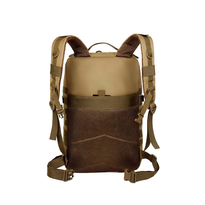 A tactical backpack in tan with adjustable straps and a mesh side pocket. Features a simple, functional design.