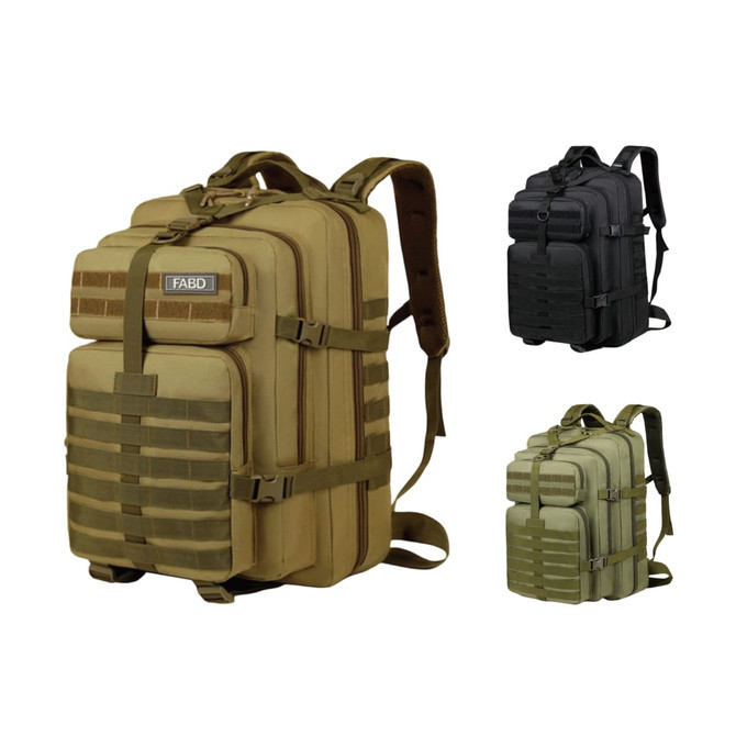 A tactical backpack available in tan, black, and olive green, featuring multiple compartments and a logo.