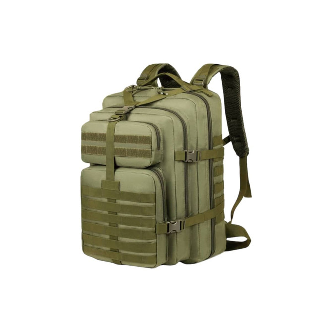 A tactical backpack in olive green with multiple compartments and adjustable straps. It features a logo on the front.
