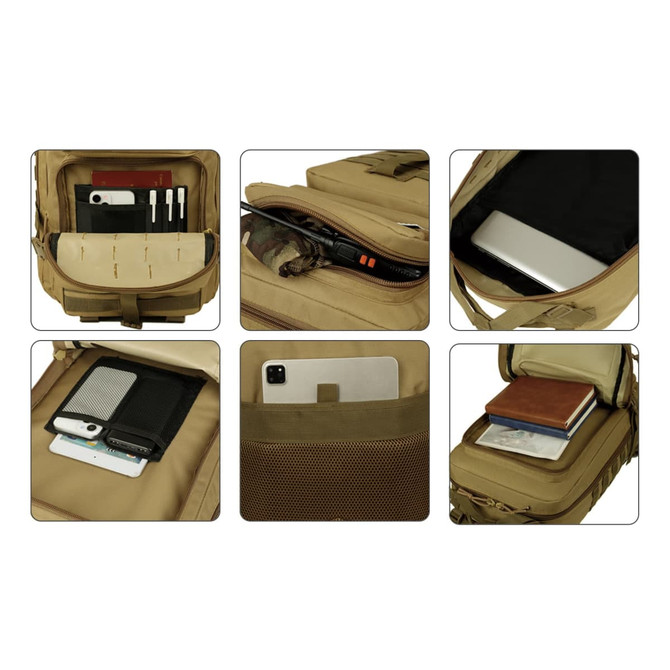 A tactical backpack in tan with multiple compartments, including pockets for a device, notebooks, and accessories.