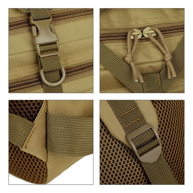 A tactical backpack in tan, featuring buckles and straps, with a mesh section and detailed stitching throughout.
