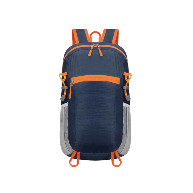 A packable hiking backpack in navy blue with orange accents, featuring multiple compartments and a logo.