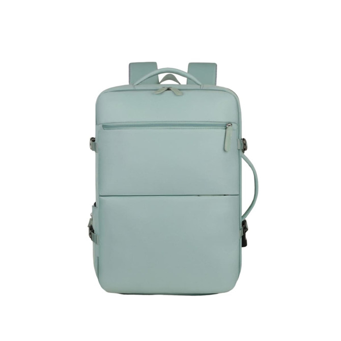 An expandable backpack in a light teal colour with multiple pockets and zippers, featuring a logo.