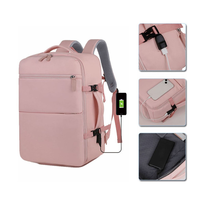 A pink expandable travel backpack with adjustable straps, featuring a charging port and multiple compartments.