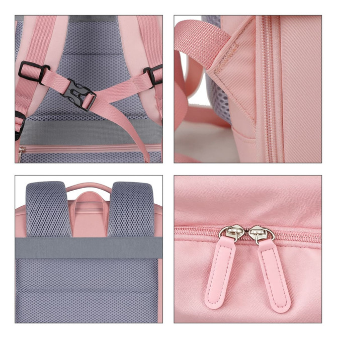 A pink expandable travel backpack featuring adjustable straps, mesh padding, and dual zip closures. Branding is present.