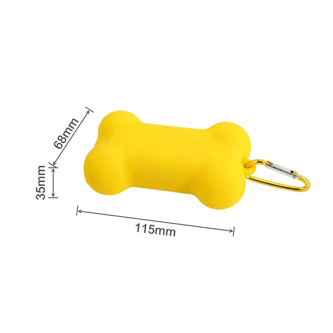 A yellow silicone bone-shaped dog poop bag dispenser with a carabiner clip. Dimensions: 115mm x 68mm x 35mm.