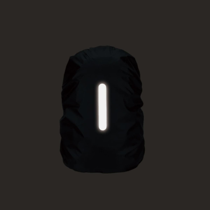 A black reflective backpack rain cover featuring a vertical reflective strip. It has a simple design and a logo.