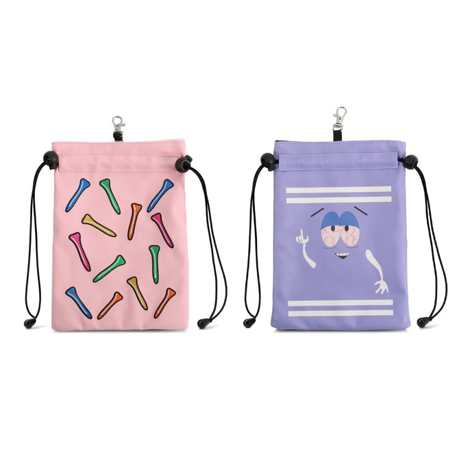 A pink and purple pouch featuring colourful tee designs and a quirky character illustration, complete with drawstring closure.