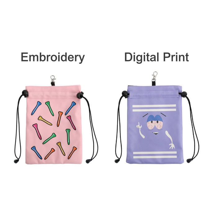 A pink pouch with colourful golf tees design and a purple pouch featuring a playful character, both with drawstring closures.