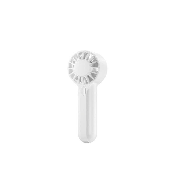 A mini handheld fan in white with a circular grille and a simple button design. It features a logo on the body.