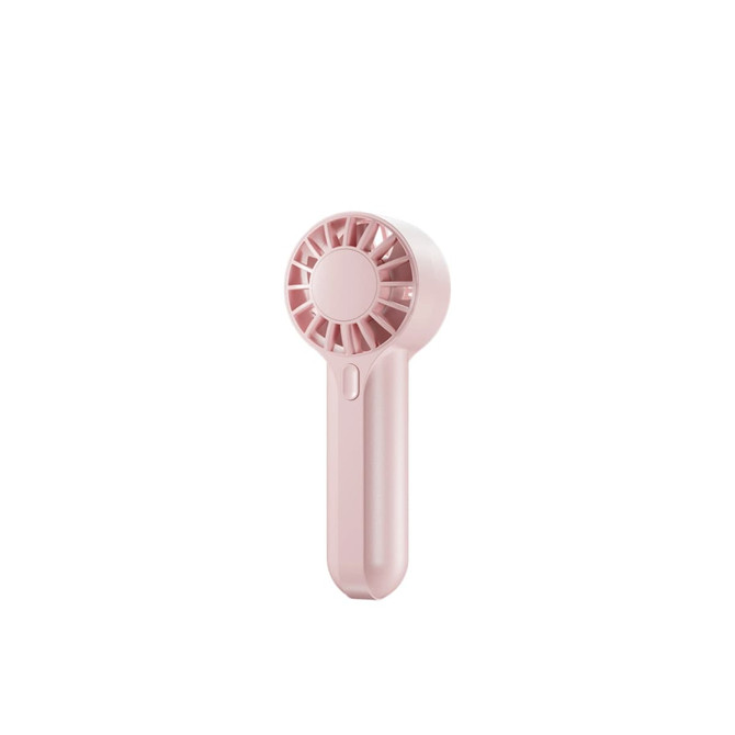 A handheld fan in soft pink, featuring a circular fan design and a simple push-button. It has a branding logo.
