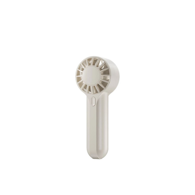 A mini handheld fan in a soft white colour, featuring a circular fan head and a compact handle. It has a logo.