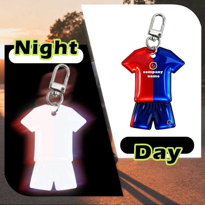 A custom shape reflective keychain designed like a sports uniform, featuring red and blue colours, with a branding logo.