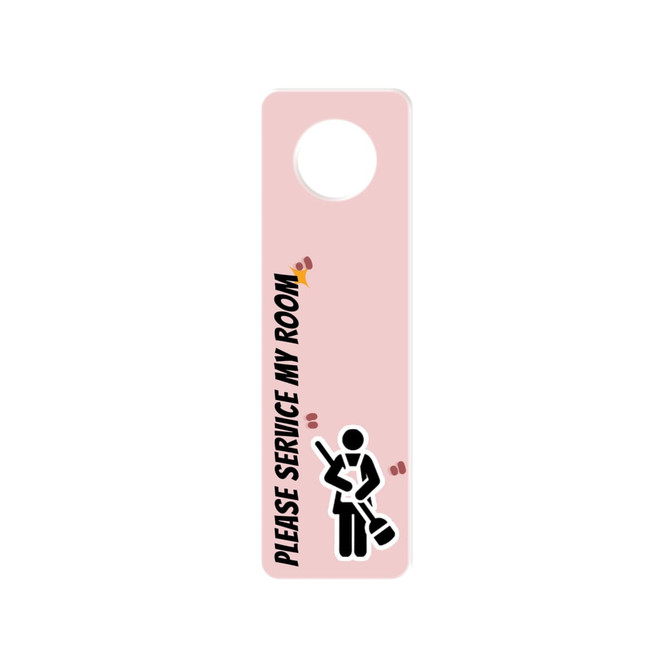 A pink acrylic door hanger featuring a cleaning service icon and a circular cutout at the top.