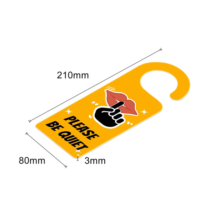 A custom-shaped acrylic door hanger in yellow, featuring a design with red lips and a finger over a mouth.