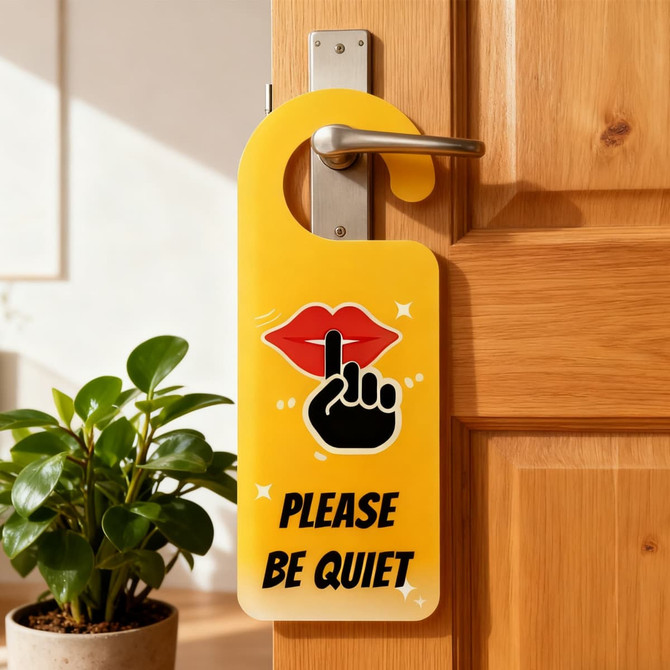 A custom shape acrylic door hanger in yellow with a design featuring a hand and lips, displaying the message "Please Be Quiet".