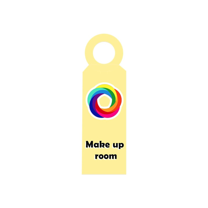 A custom shape PVC door hanger in yellow featuring a colourful logo and text indicating "Make up room".