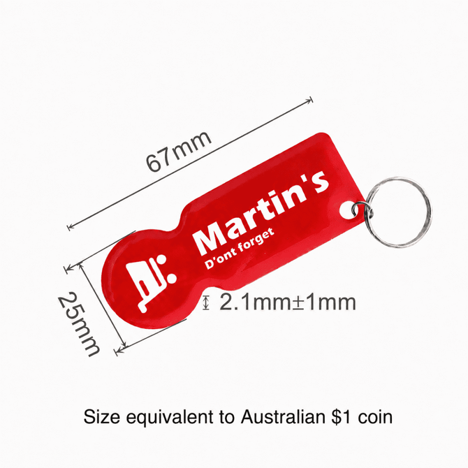 A red custom shape trolley coin keyring with a metal keyring attachment, featuring a logo. Measures 67mm by 25mm.