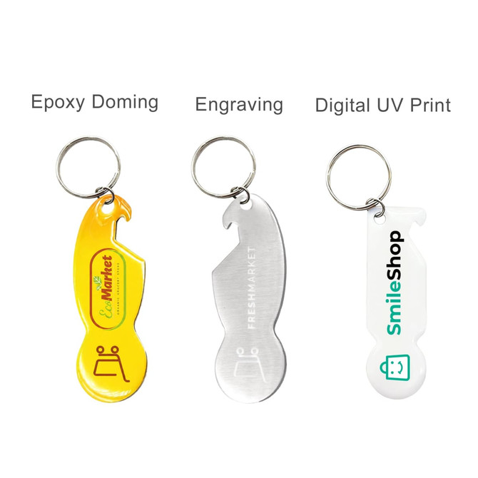 A drink bottle opener keyring in yellow, silver, and white, featuring a logo on each design.