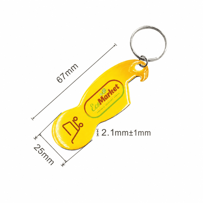 A drink bottle-shaped yellow keyring with a bottle opener feature and a logo. Dimensions are 67mm by 25mm.