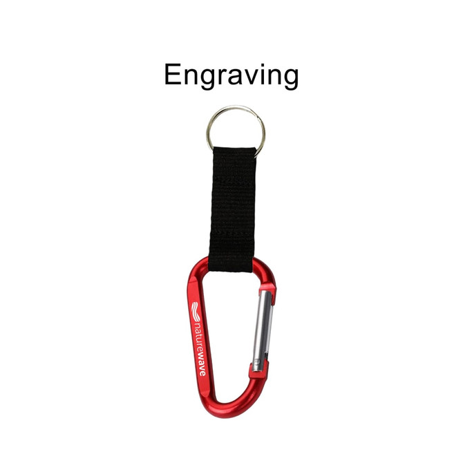 A red carabiner keychain with a black strap, featuring a logo and a keyring attachment.