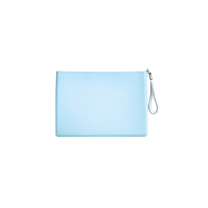 A light blue silicone cosmetic pouch with a zip closure and wrist strap. Features a logo on the side.