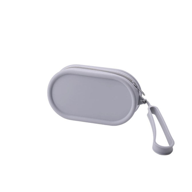 A round grey silicone storage bag with a zip closure and a wrist strap. It features a logo on one side.