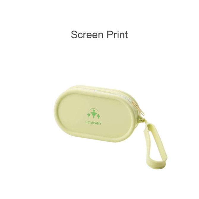 A round, light green silicone storage bag with a zipper and a handle, featuring a logo on the front.