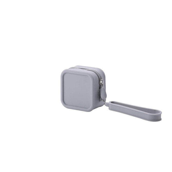 A square, grey silicone coin pouch with a zip closure and a handy wrist strap.