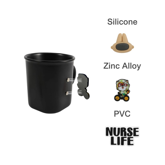 A black ceramic coffee mug featuring a side attachment, with a logo and a silicone grip.