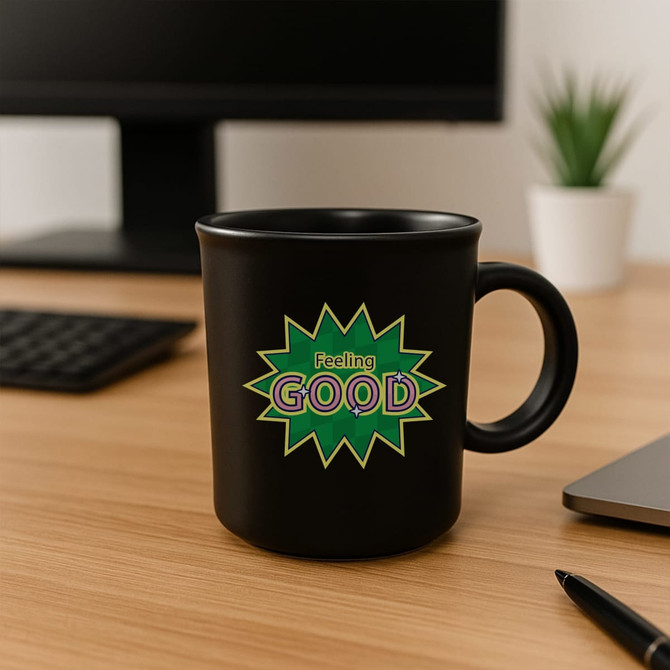 A black ceramic coffee mug with a vibrant green and yellow graphic featuring the words "Feeling GOOD".