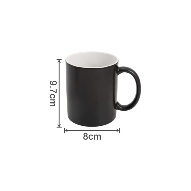 A black mug with a white interior, featuring a handle and dimensions marked alongside. It has a logo on the surface.